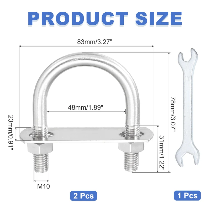 2Pcs M10 U-Bolts, Stainless Steel 1.89In(48mm) Inner Width 3.07In(78mm) Long