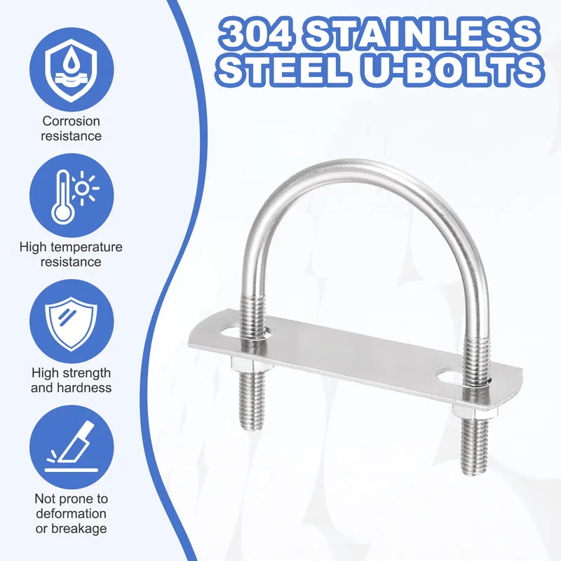 2Pcs M10 U-Bolts, Stainless Steel 1.89In(48mm) Inner Width 3.07In(78mm) Long