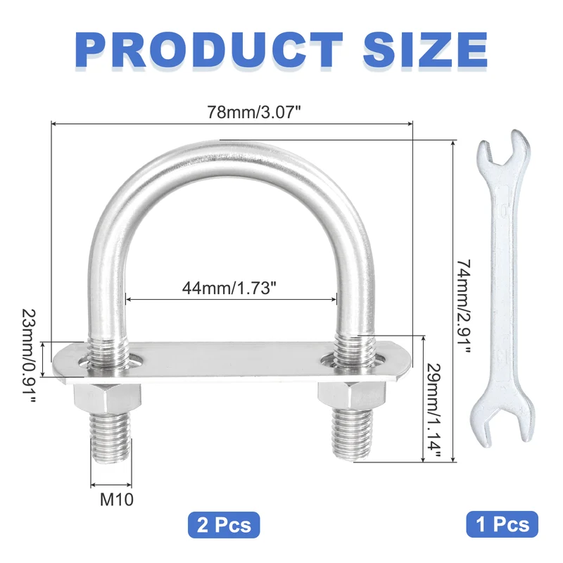 2Pcs M10 U-Bolts, Stainless Steel 1.73In(44mm) Inner Width 2.91In(74mm) Long