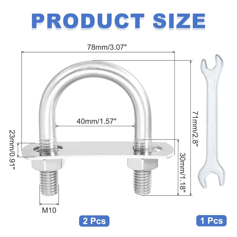 2Pcs M10 U-Bolts, Stainless Steel 1.57In(40mm) Inner Width 2.8In(71mm) Long
