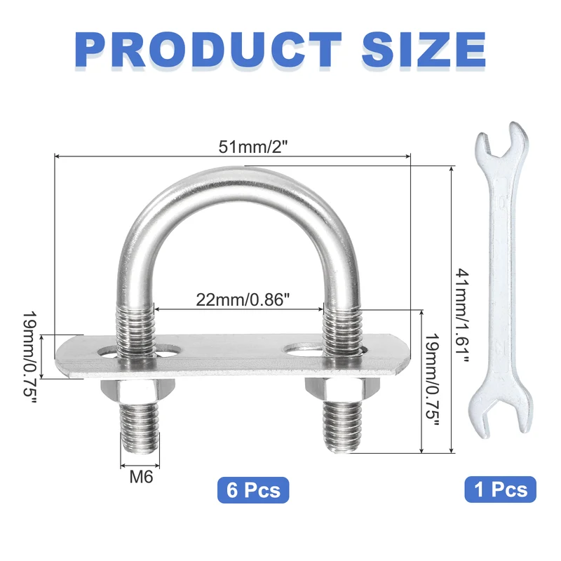 6Pcs M6 U-Bolts, Stainless Steel 0.86In(22mm) Inner Width 1.61In(41mm) Long