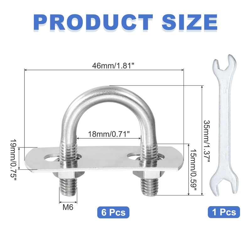 6Pcs M6 U-Bolts, Stainless Steel 0.75In(19mm) Inner Width 1.37In(35mm) Long