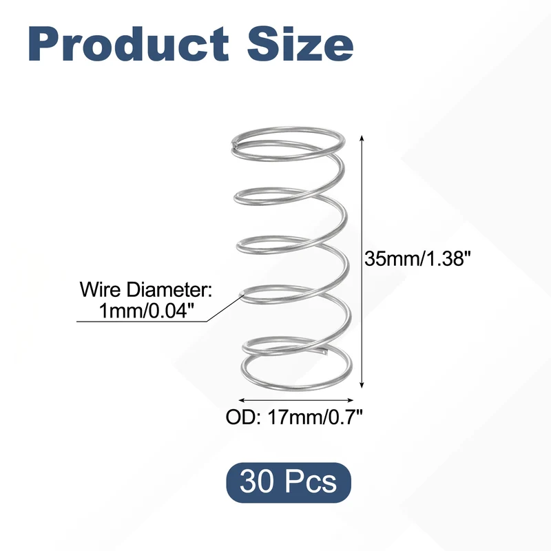 30Pcs Compression Spring 304 Stainless Steel, 1mm Wire, 17x35mm (ODxL)