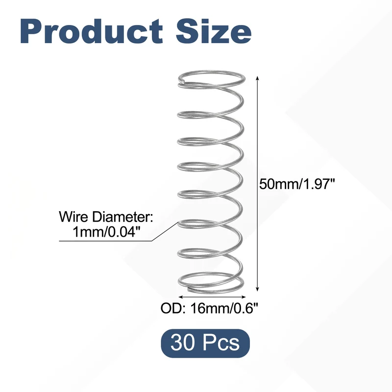 30Pcs Compression Spring 304 Stainless Steel, 1mm Wire, 16x50mm (ODxL)