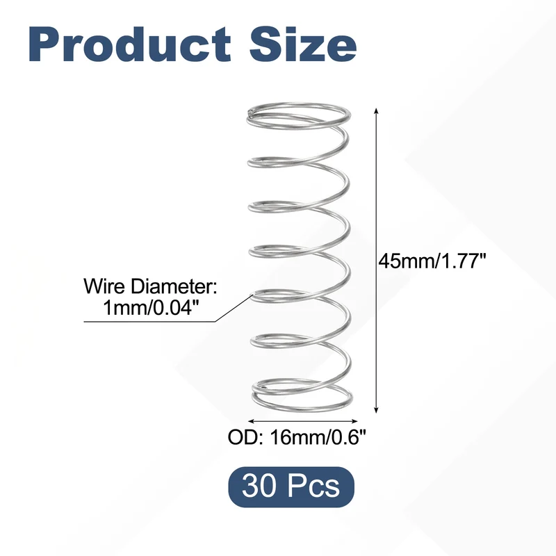30Pcs Compression Spring 304 Stainless Steel, 1mm Wire, 16x45mm (ODxL)