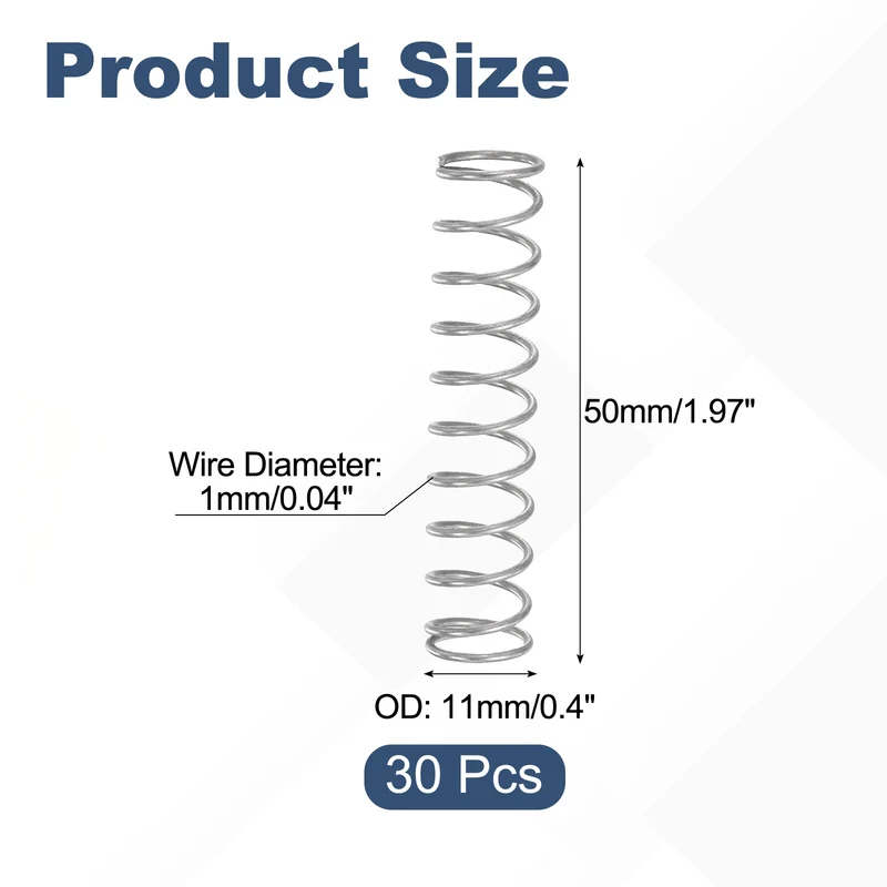 30Pcs Compression Spring 304 Stainless Steel, 1mm Wire, 11x50mm (ODxL)