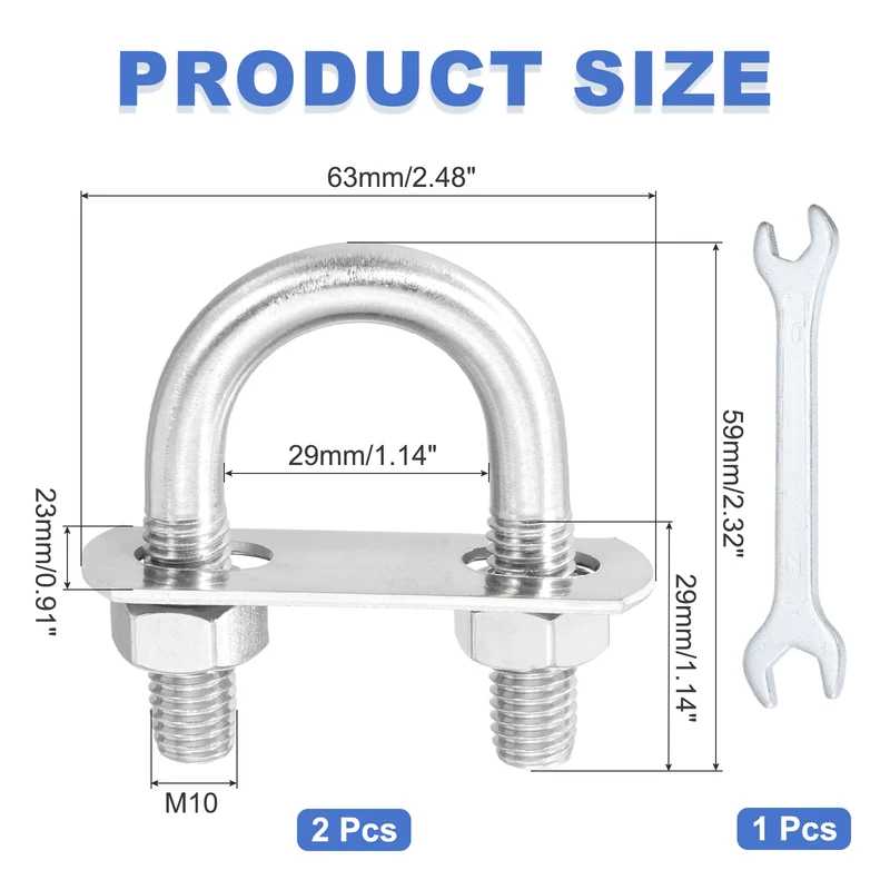 2Pcs M10 U-Bolts, Stainless Steel 1.14In(29mm) Inner Width 2.32In(59mm) Long