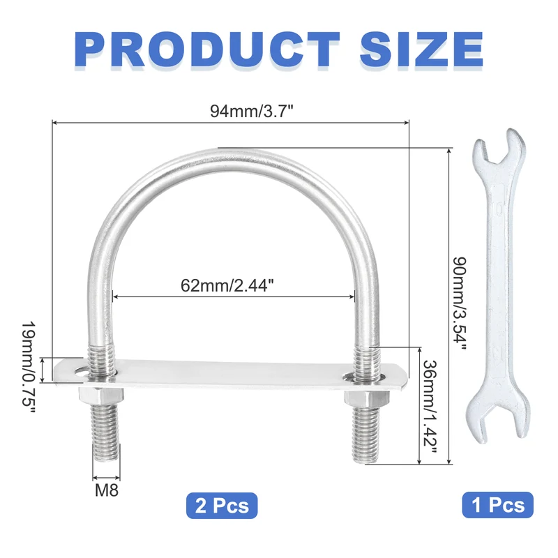 2Pcs M8 U-Bolts, Stainless Steel 2.44In(62mm) Inner Width 3.54In(90mm) Long