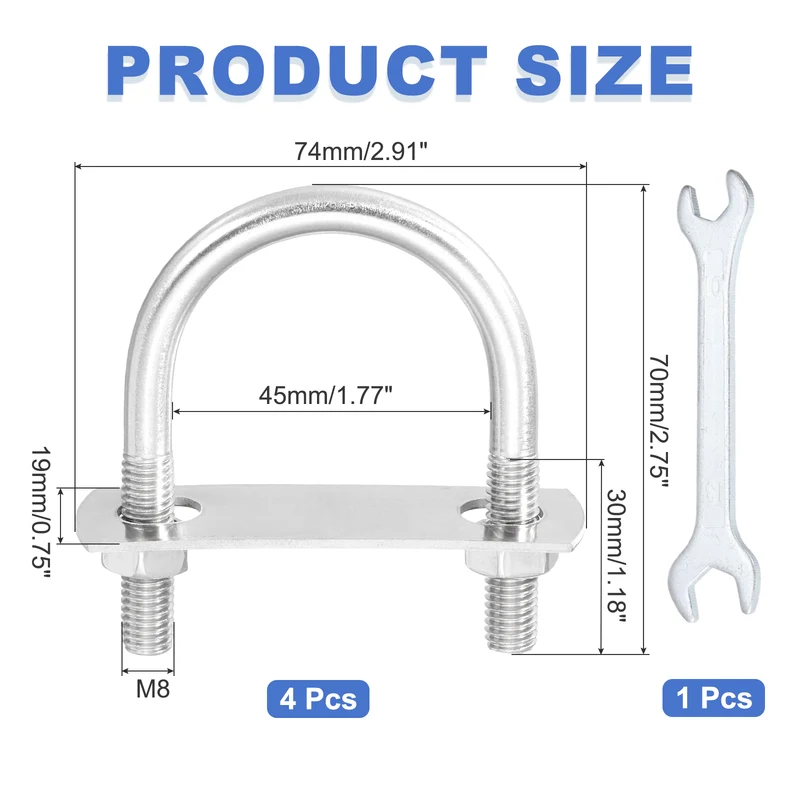 4Pcs M8 U-Bolts, Stainless Steel 1.77In(45mm) Inner Width 2.75In(70mm) Long