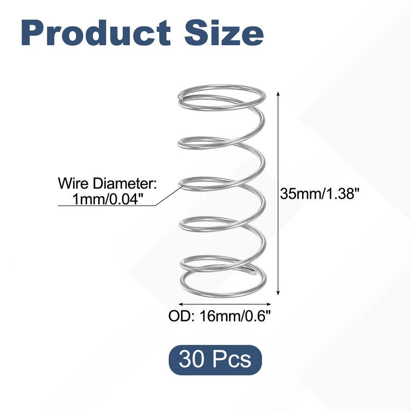 30Pcs Compression Spring 304 Stainless Steel, 1mm Wire, 16x35mm (ODxL)