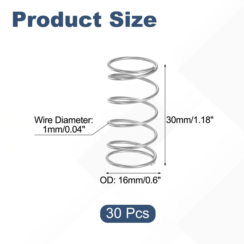 30Pcs Compression Spring 304 Stainless Steel, 1mm Wire, 16x30mm (ODxL)