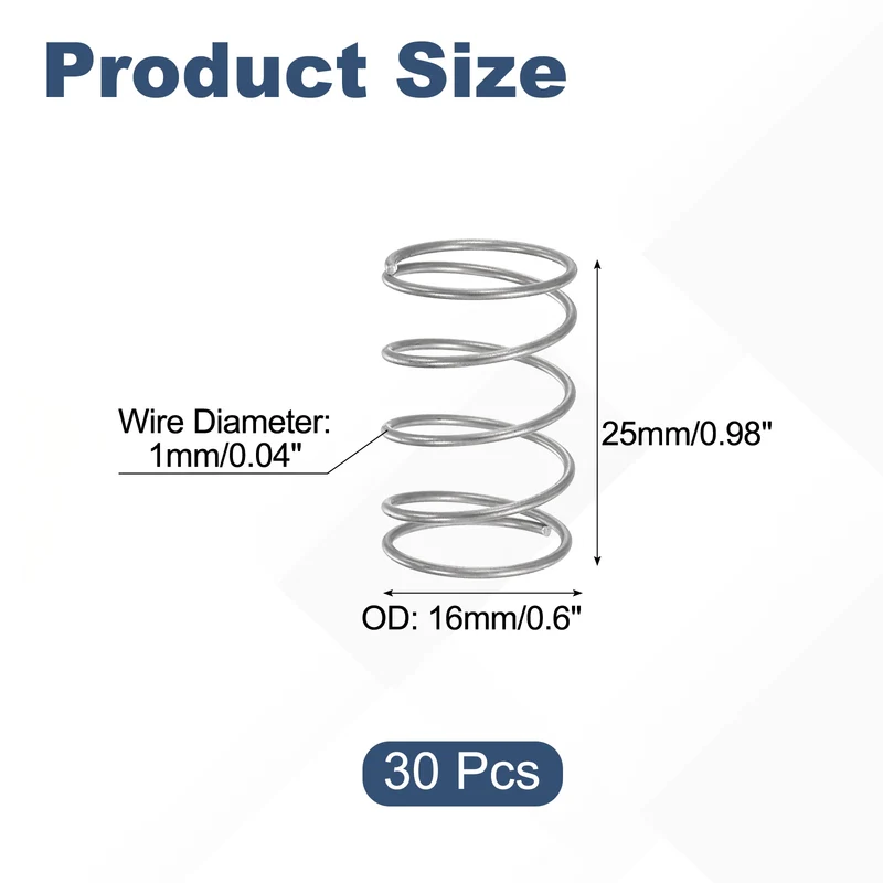 30Pcs Compression Spring 304 Stainless Steel, 1mm Wire, 16x25mm (ODxL)