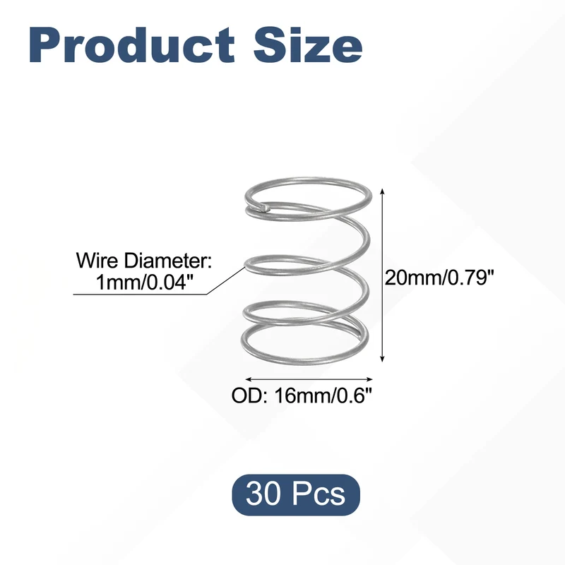 30Pcs Compression Spring 304 Stainless Steel, 1mm Wire, 16x20mm (ODxL)