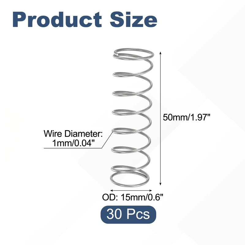 30Pcs Compression Spring 304 Stainless Steel, 1mm Wire, 15x50mm (ODxL)