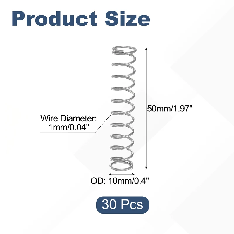 30Pcs Compression Spring 304 Stainless Steel, 1mm Wire, 10x50mm (ODxL)
