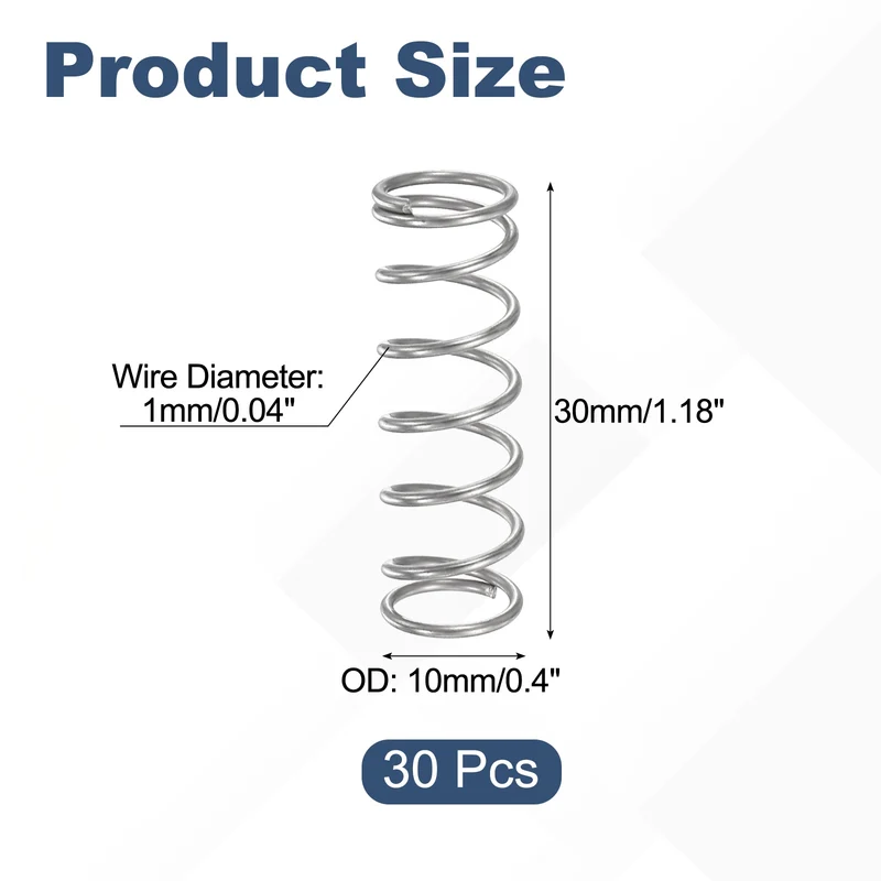 30Pcs Compression Spring 304 Stainless Steel, 1mm Wire, 10x30mm (ODxL)