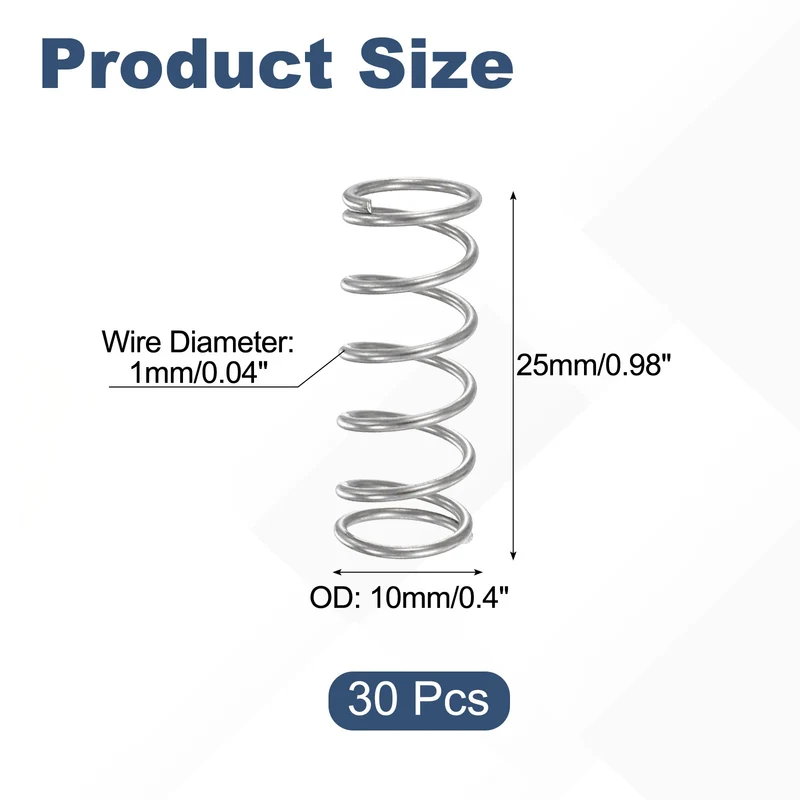 30Pcs Compression Spring 304 Stainless Steel, 1mm Wire, 10x25mm (ODxL)
