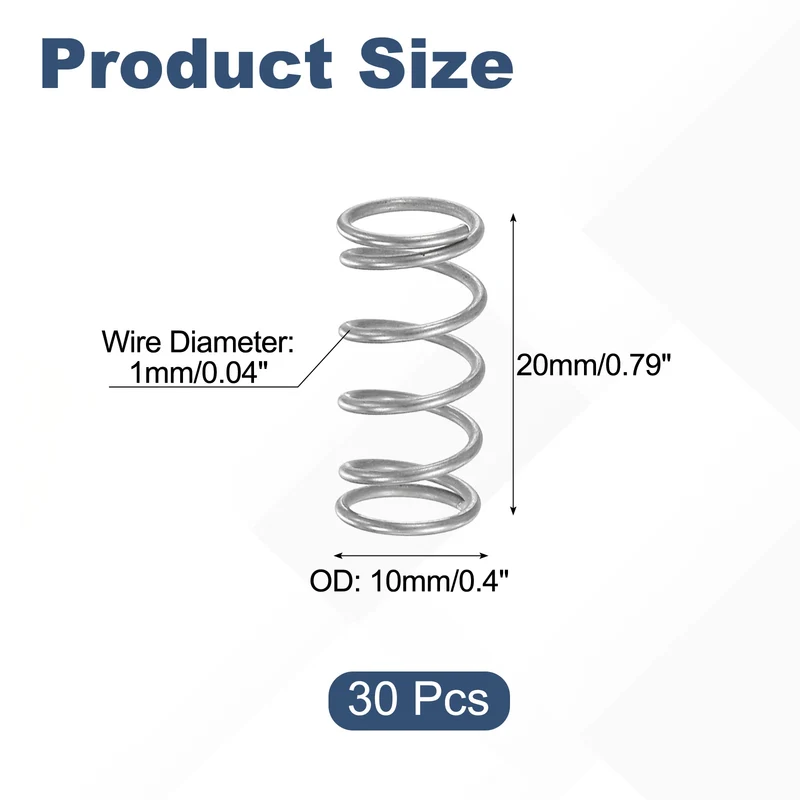 30Pcs Compression Spring 304 Stainless Steel, 1mm Wire, 10x20mm (ODxL)