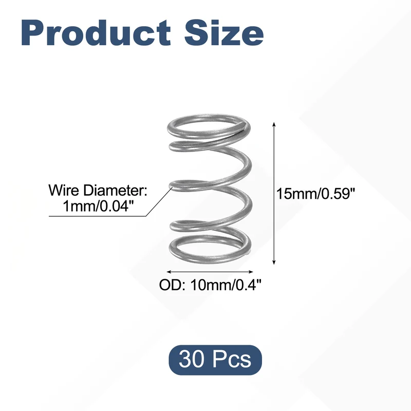 30Pcs Compression Spring 304 Stainless Steel, 1mm Wire, 10x15mm (ODxL)