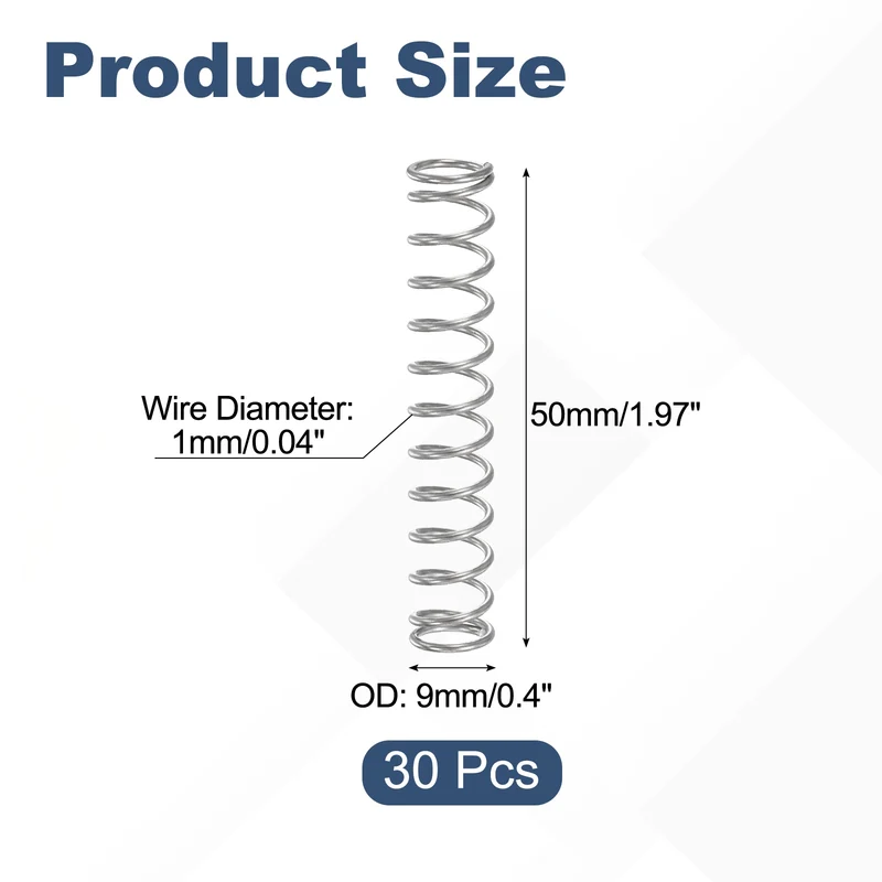 30Pcs Compression Spring 304 Stainless Steel, 1mm Wire, 9x50mm (ODxL)