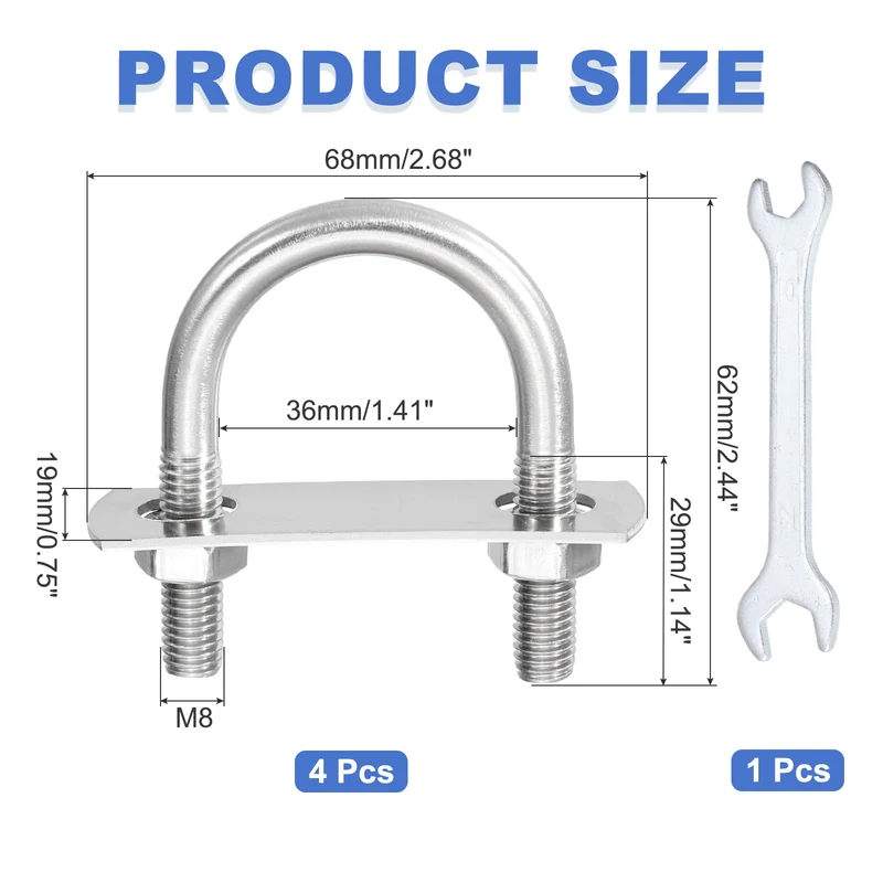 4Pcs M8 U-Bolts, Stainless Steel 1.41In(36mm) Inner Width 2.36In(60mm) Long