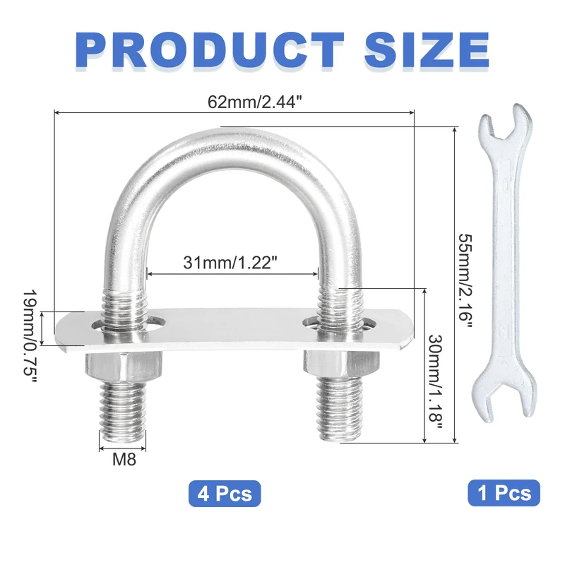 4Pcs M8 U-Bolts, Stainless Steel 1.18In(30mm) Inner Width 2.16In(55mm) Long