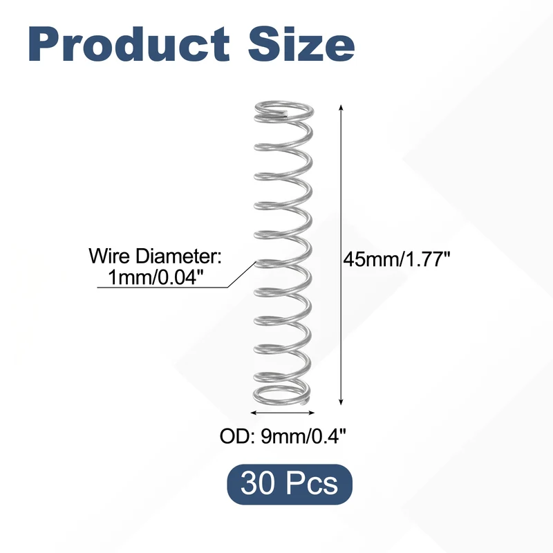 30Pcs Compression Spring 304 Stainless Steel, 1mm Wire, 9x45mm (ODxL)