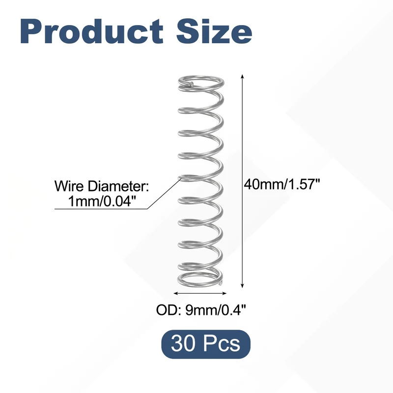 30Pcs Compression Spring 304 Stainless Steel, 1mm Wire, 9x40mm (ODxL)