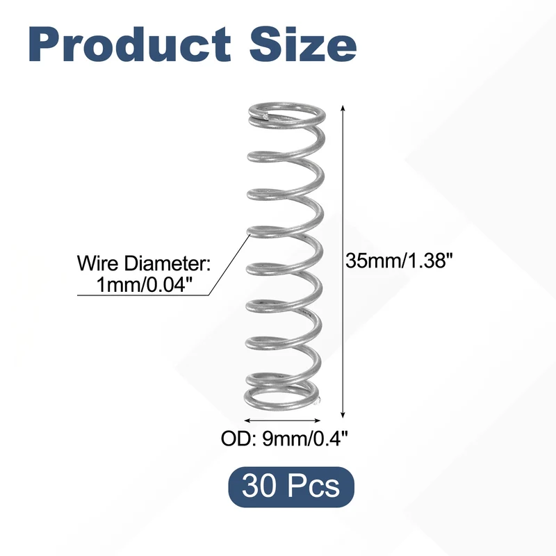 30Pcs Compression Spring 304 Stainless Steel, 1mm Wire, 9x35mm (ODxL)