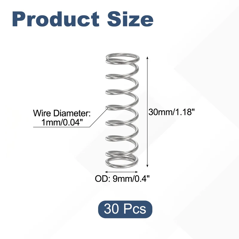 30Pcs Compression Spring 304 Stainless Steel, 1mm Wire, 9x30mm (ODxL)