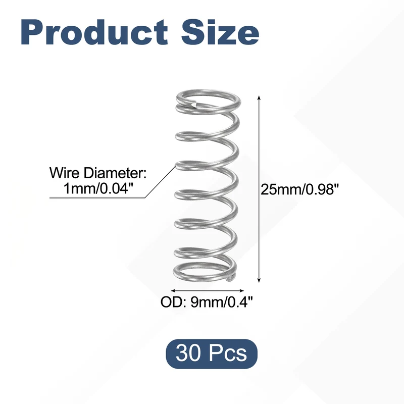 30Pcs Compression Spring 304 Stainless Steel, 1mm Wire, 9x25mm (ODxL)