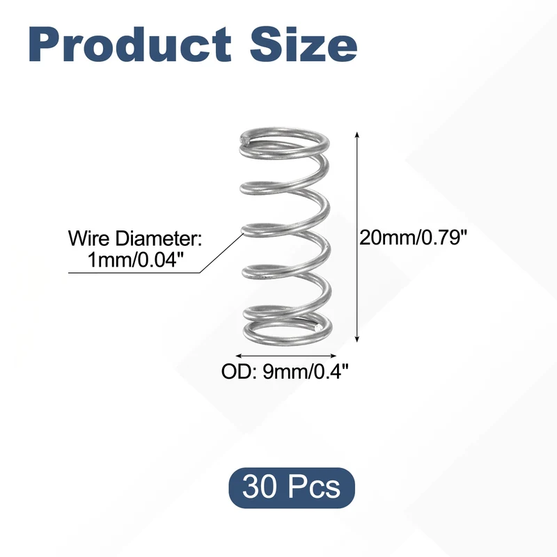 30Pcs Compression Spring 304 Stainless Steel, 1mm Wire, 9x20mm (ODxL)