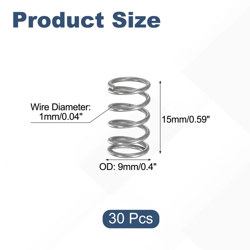 30Pcs Compression Spring 304 Stainless Steel, 1mm Wire, 9x15mm (ODxL)