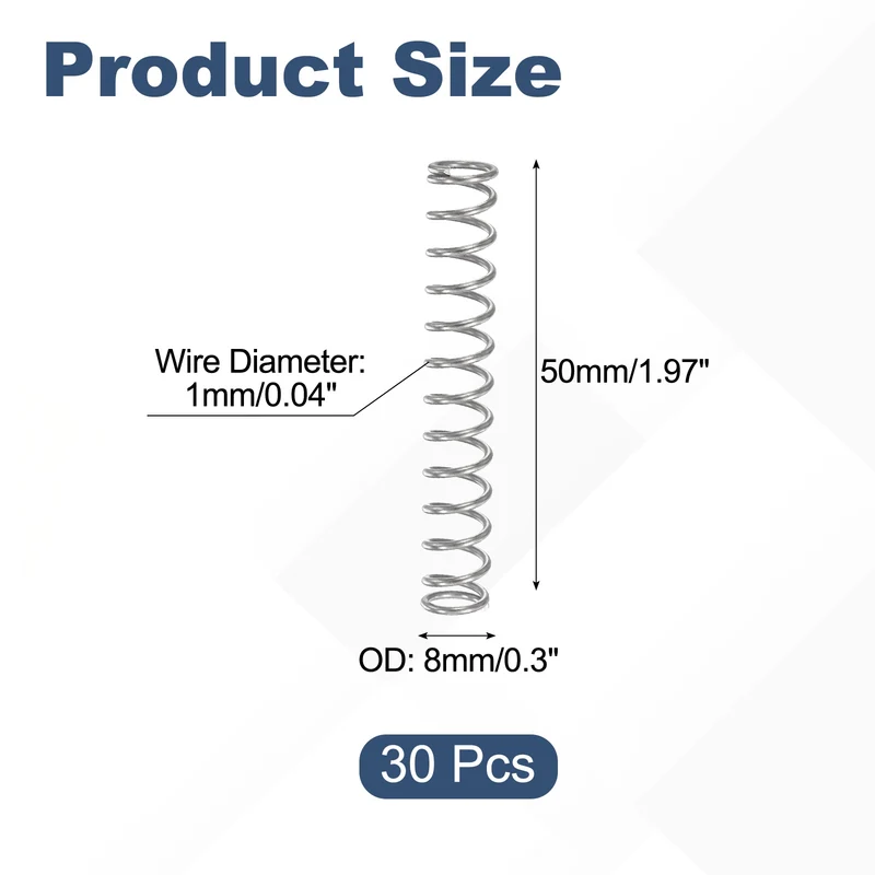 30Pcs Compression Spring 304 Stainless Steel, 1mm Wire, 8x50mm (ODxL)