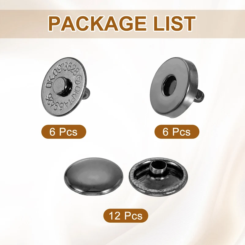 6Pcs 14mm Magnetic Snap Buttons Set Copper Fastener Clasps, Black