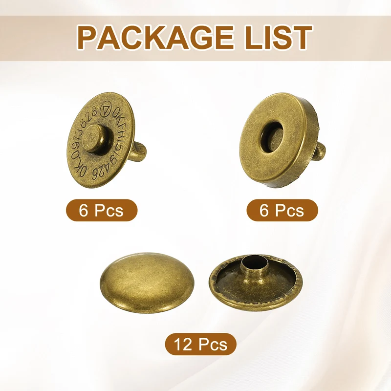 6Pcs 14mm Magnetic Snap Buttons Set Copper Fastener Clasps Coppery
