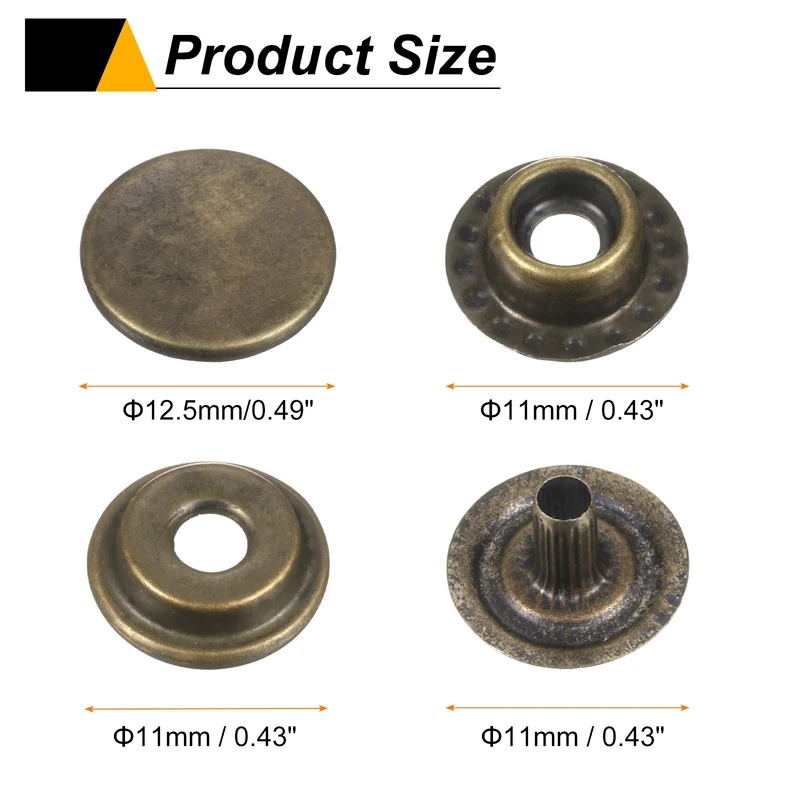 60Set Press-Stud Cap Button 12.5mm Metal Snap Fastener for Clothes DIY, Bronze
