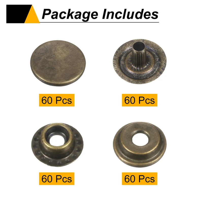 60Set Press-Stud Cap Button 12.5mm Metal Snap Fastener for Clothes DIY, Bronze