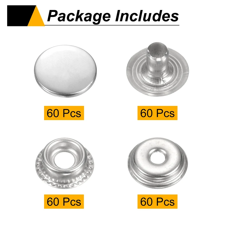 60 Set Press-Stud Cap Button 20mm Metal Snap Fastener for Clothes DIY Silver