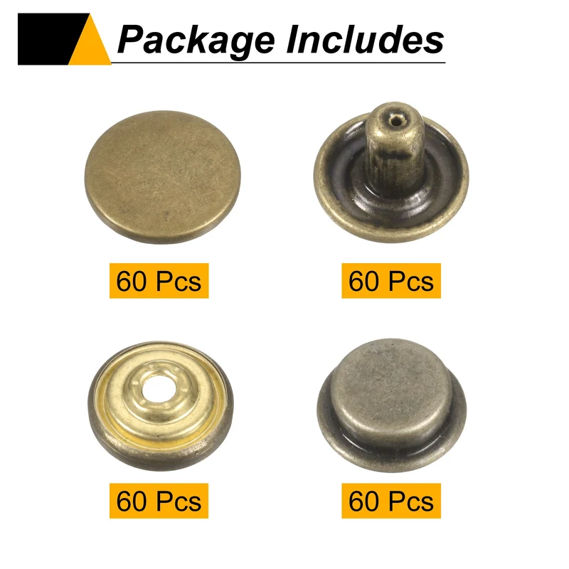 60Set Press-Stud Cap Button 17mm Metal Snap Fastener for Clothes DIY, Bronze