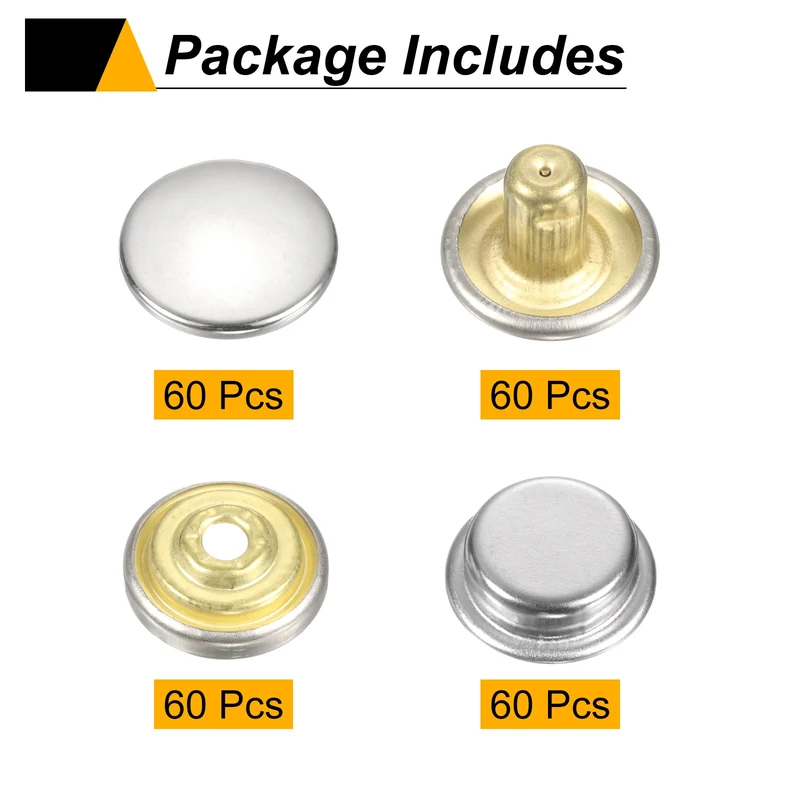 60Set Press-Stud Cap Button 15mm Metal Snap Fastener for Umbrellas, Silver