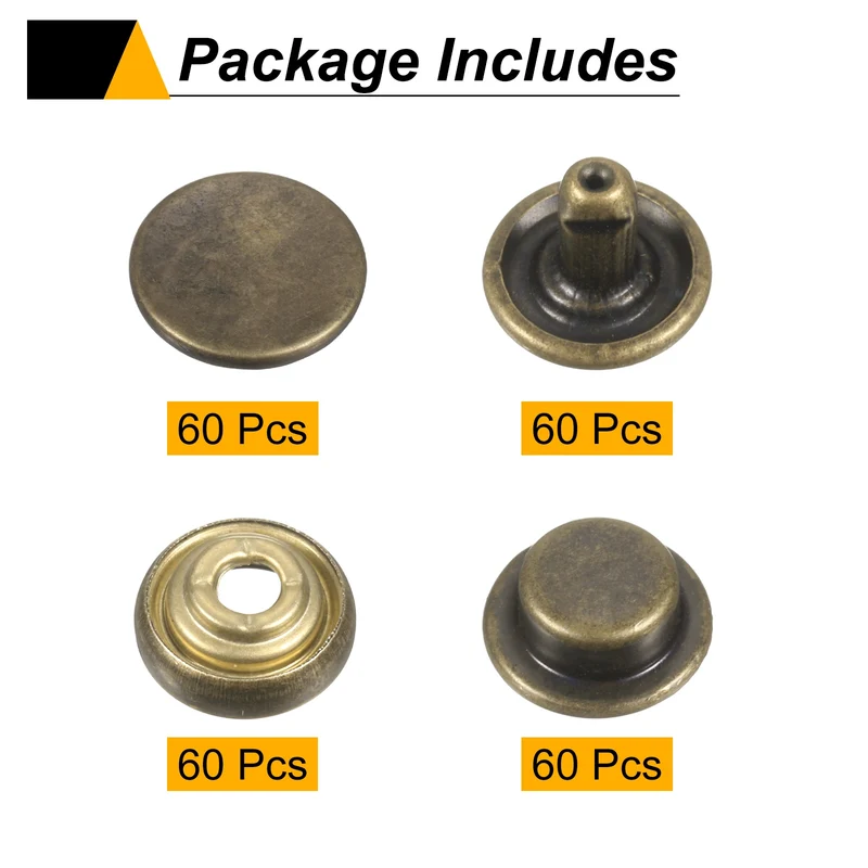60Set Press-Stud Cap Button 17mm Metal Snap Fastener for Canvas, Bronze