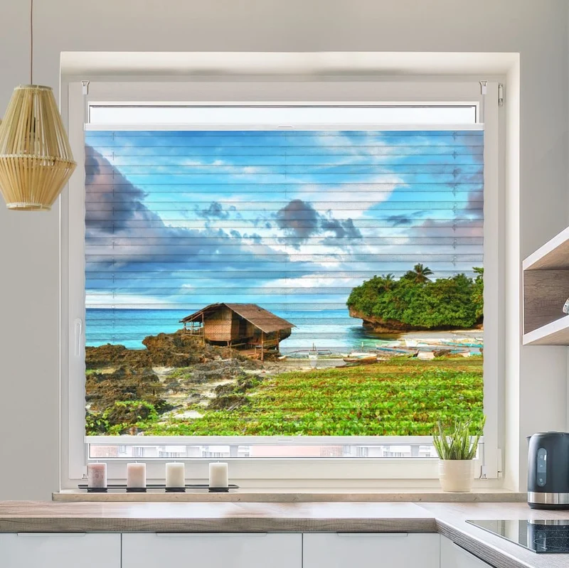 Plissee Motiv 'Fischerhuette Meer'