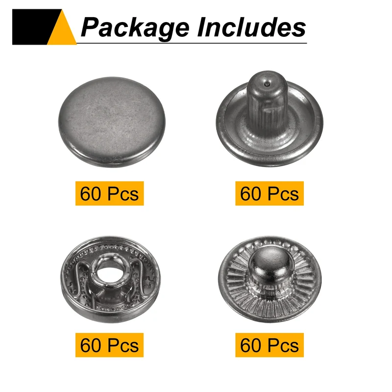 60Set Press-Stud Cap Button 12.5mm Metal Snap Fastener for Leathers, Gun