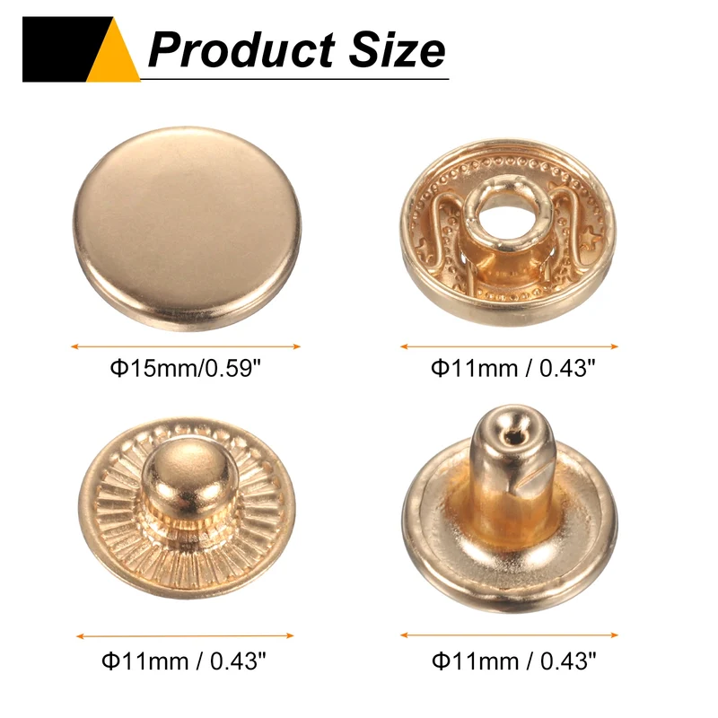 60Set Press-Stud Cap Button 15mm Metal Snap Fastener for Canvas, Gold