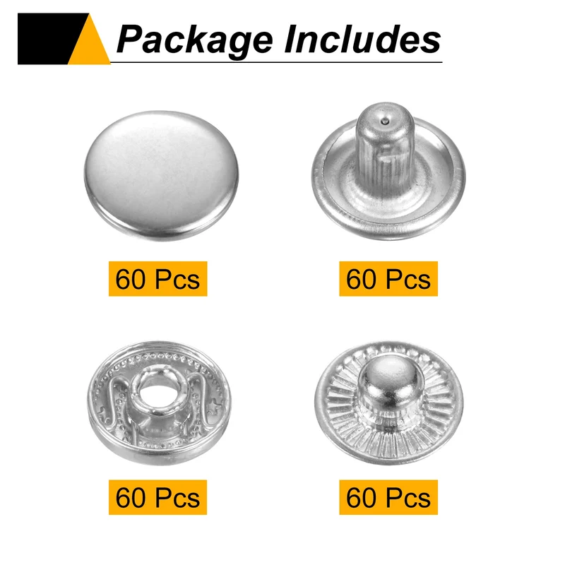 60Set Press-Stud Cap Button 15mm Metal Snap Fastener for Canvas, Silver