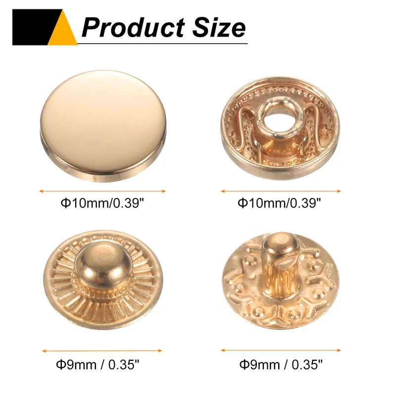 60Set Press-Stud Cap Button 10mm Metal Snap Fastener for Leather, Gold