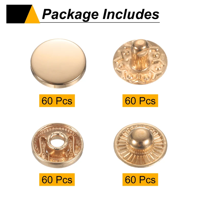 60Set Press-Stud Cap Button 10mm Metal Snap Fastener for Leather, Gold
