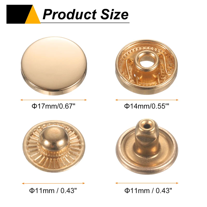 60Set Press-Stud Cap Button 17mm Metal Snap Fastener for Leathers, Gold