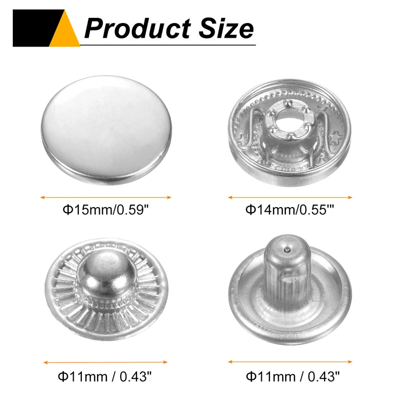 60Set Press-Stud Cap Button 15mm Metal Snap Fastener for Leathers, Silver